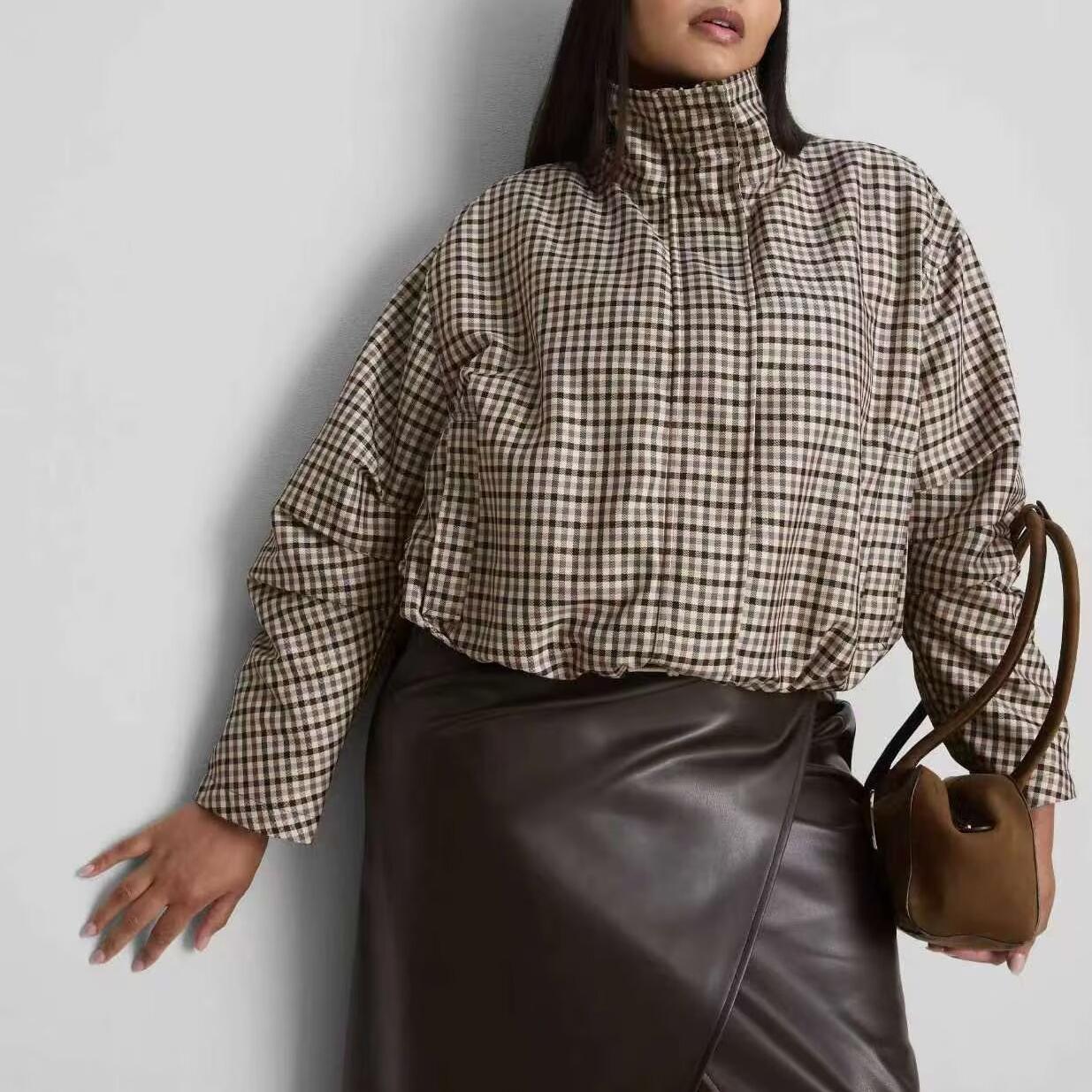 Funnel Collar Long Sleeve Plaid Short Coat