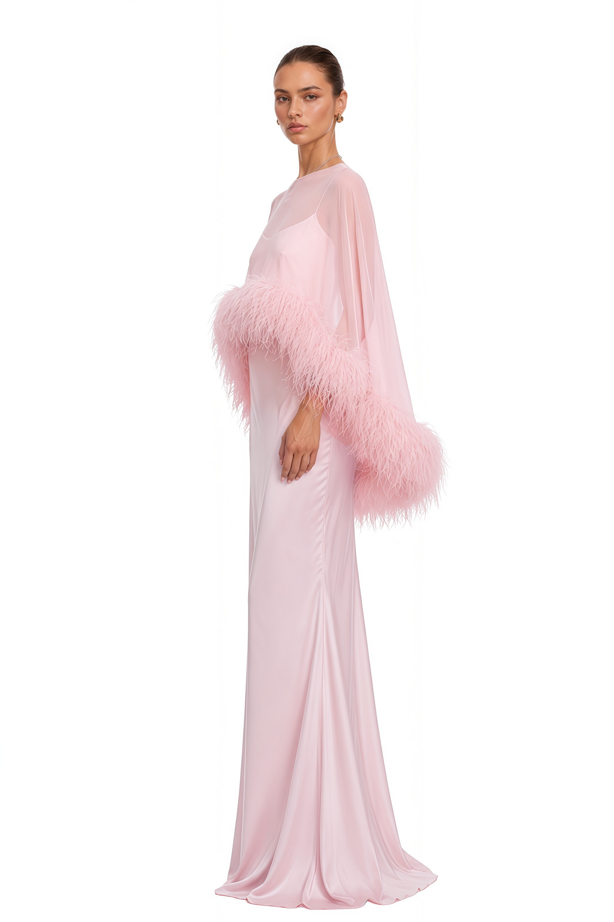 Pink Maxi Dress & Shawl Set with Feather Trim