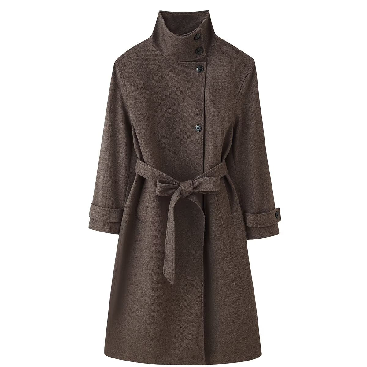 Waist Belt Chimney Collar Overcoat Coat