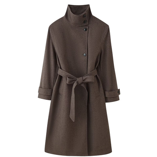 Waist Belt Chimney Collar Overcoat Coat