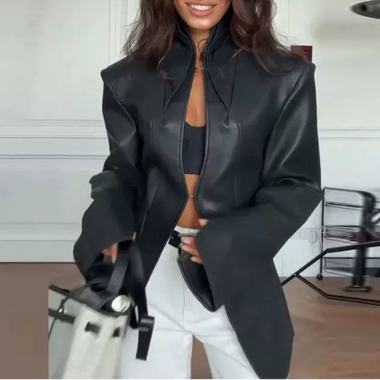 Faux Leather Slim Stand Collar Coat