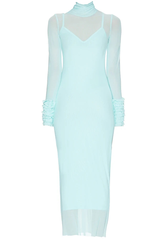 Ruffle Long Sleeve Mesh Maxi Dress Turquoise
