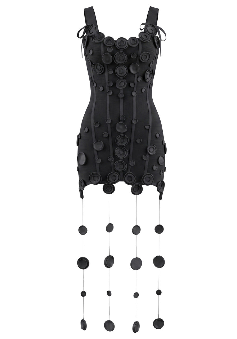 Floral String Detail Structured Dress Black