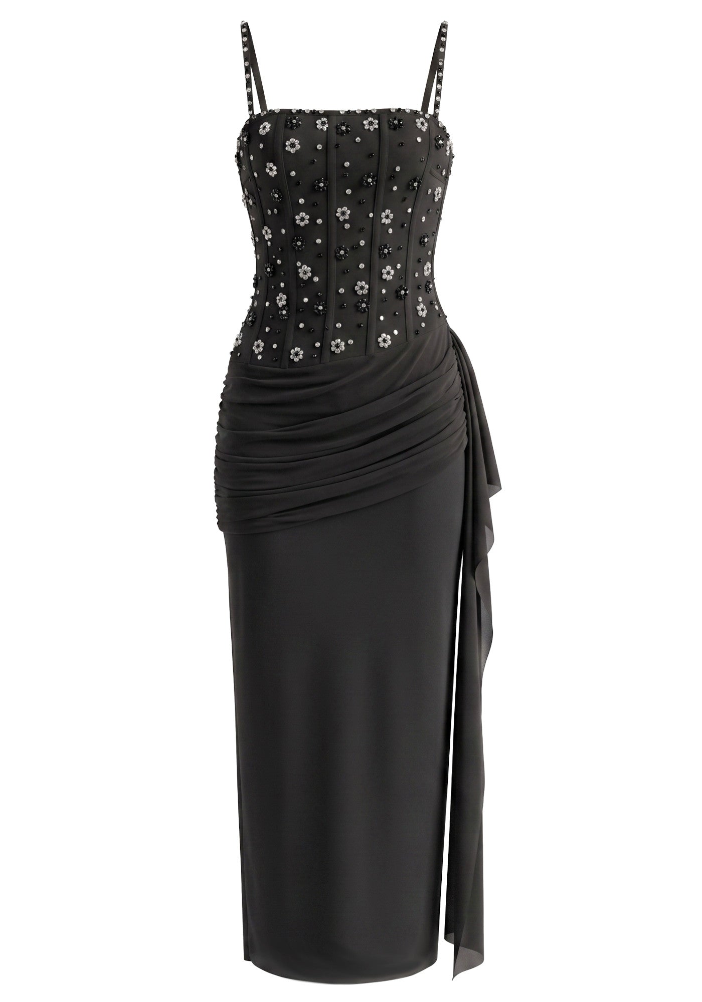 Embellished Structured Draped Maxi Dress Black