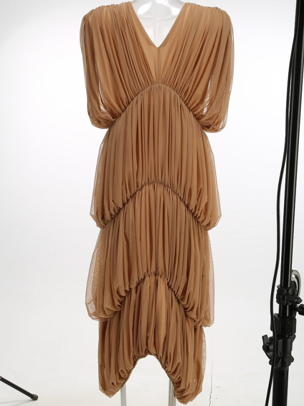 Caramel Draped Pleated Maxi Dress
