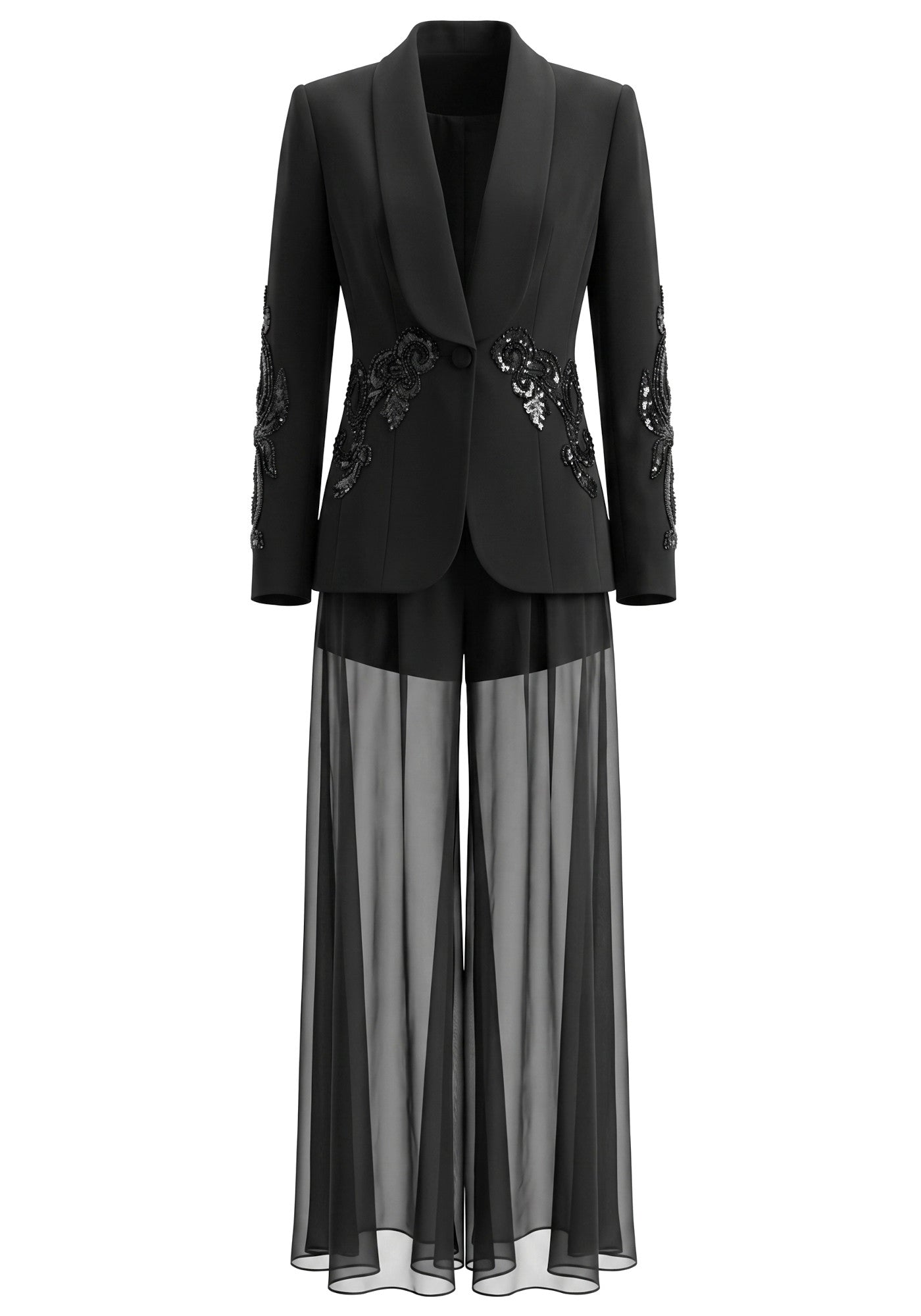 Sequin Detail Mesh Suit Black
