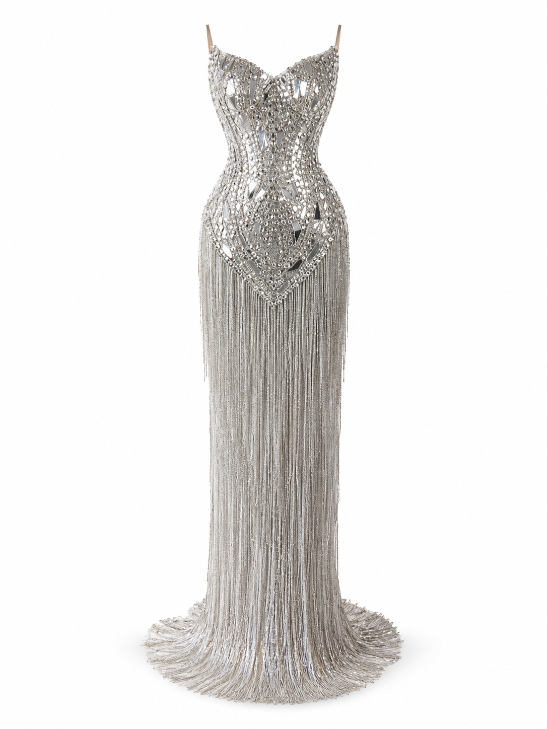 silver crystal fringe gown