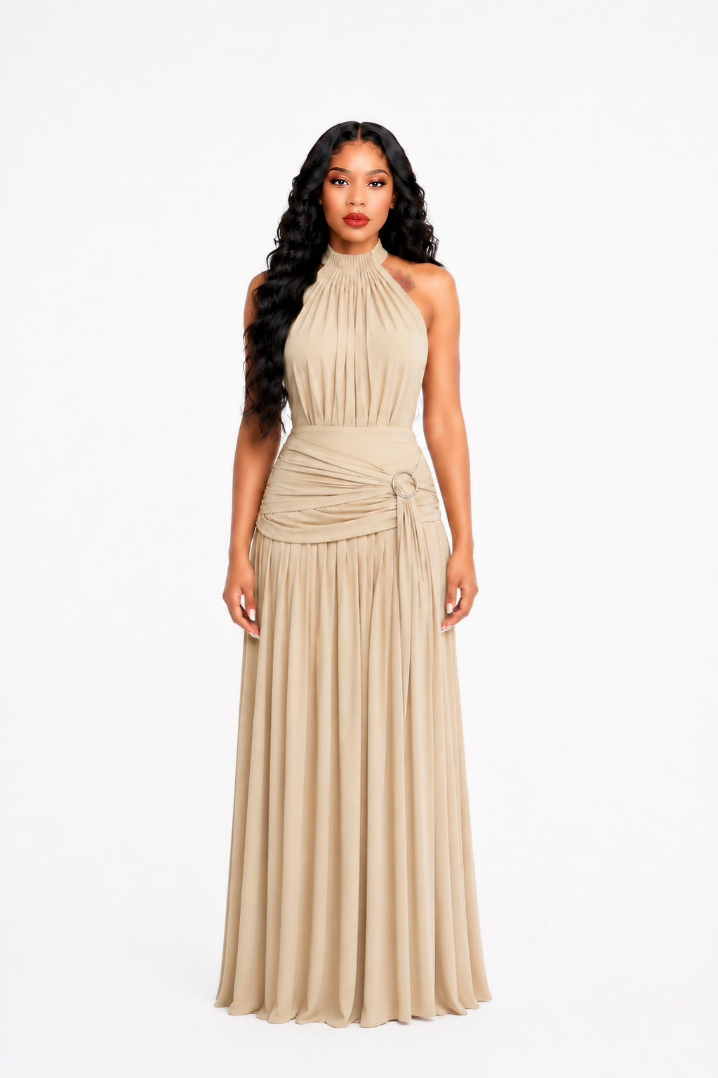 Halter Draped A Line Maxi Dress Light Nude