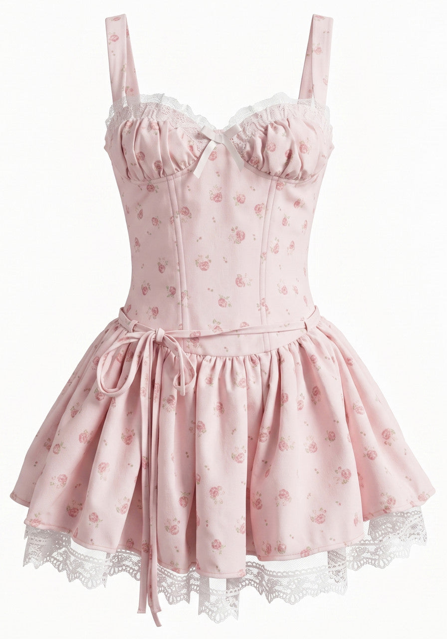 Lace Draped Bustier A Line Dress Floral Pink