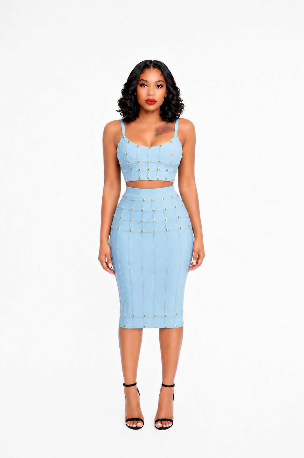 Studded Structured Midi Two Piece Dress Blue