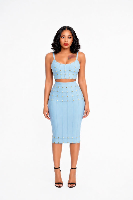 Studded Structured Midi Two Piece Dress Blue