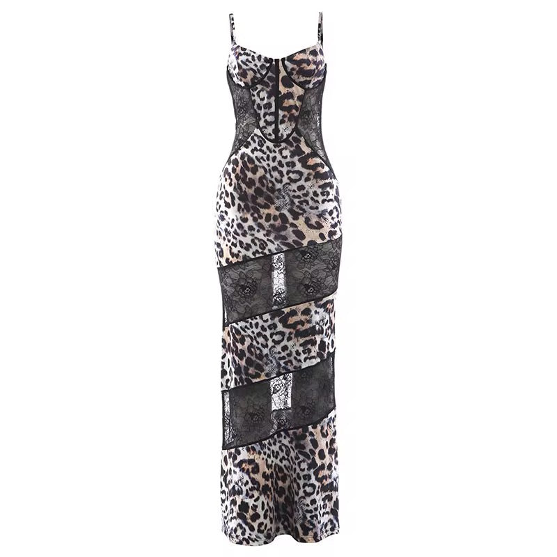 Spaghetti Strap Leopard Printed Patchwork Lace See-through