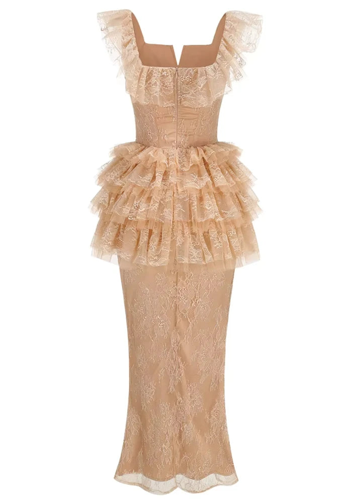 Ruffle Lace Maxi Dress Peach Nude