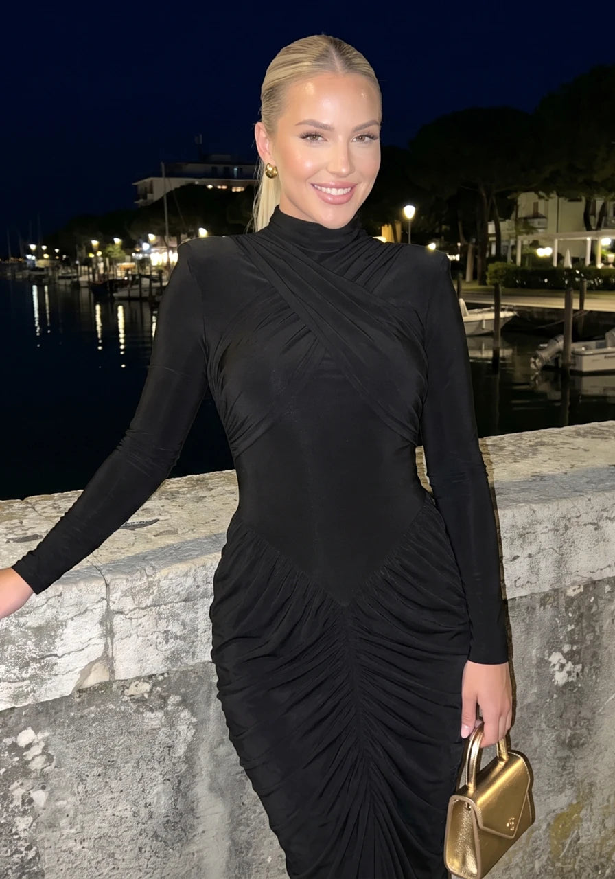 Long Sleeve Draped Maxi Dress Black
