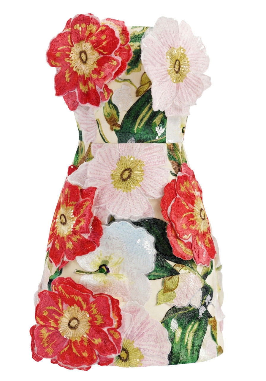 Strapless Floral Detail Dress Red Pink