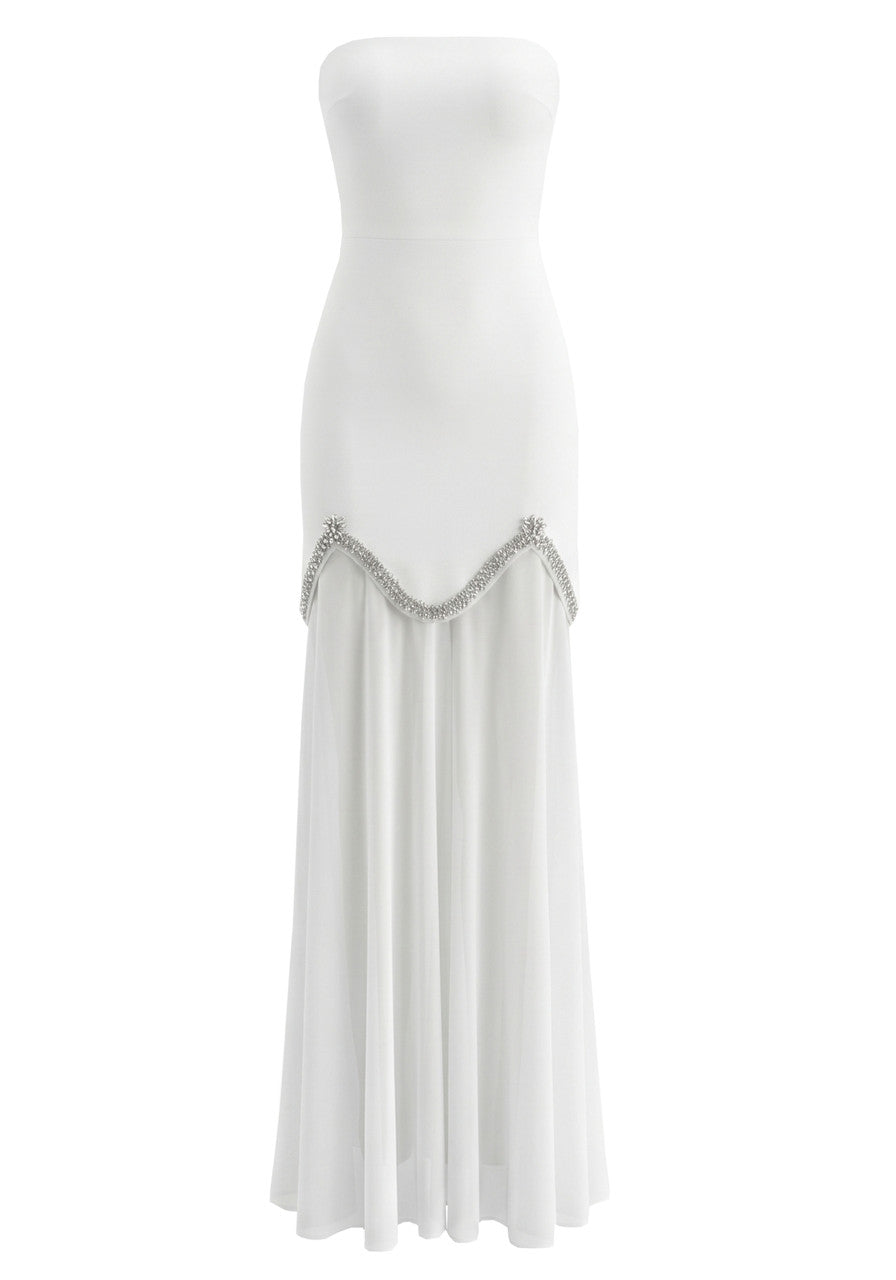 Strapless Crystal Detail A Line Maxi Dress White