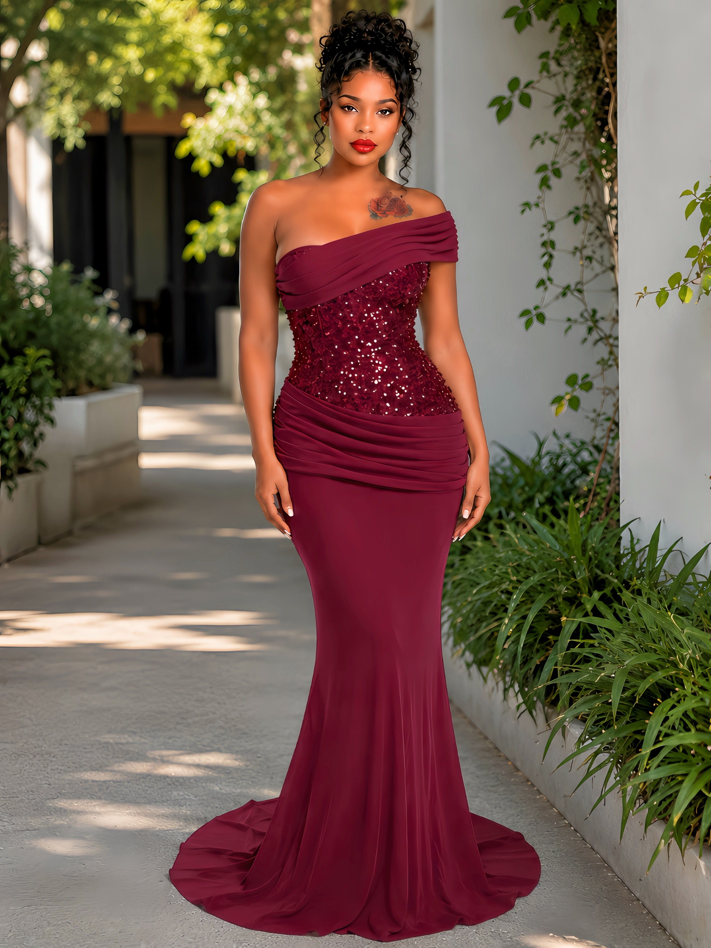 Draped One Shoulder Sequin Corset Maxi Dress Burgundy