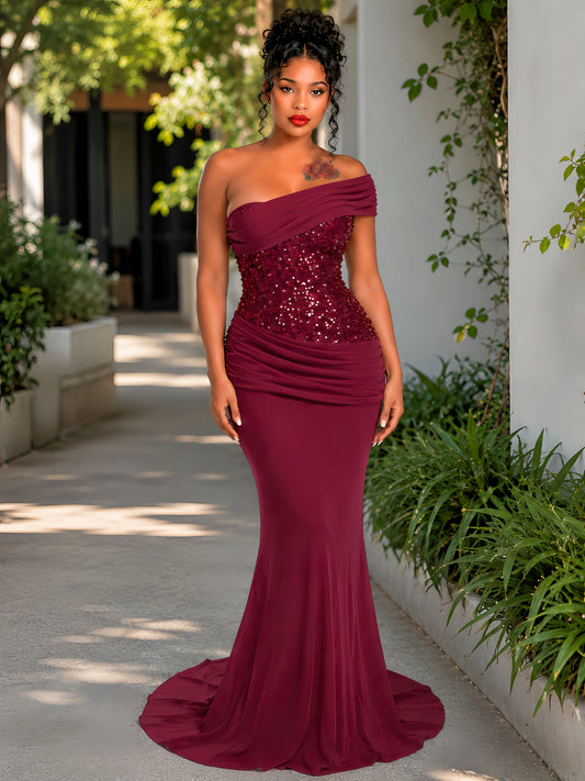 Draped One Shoulder Sequin Corset Maxi Dress Burgundy
