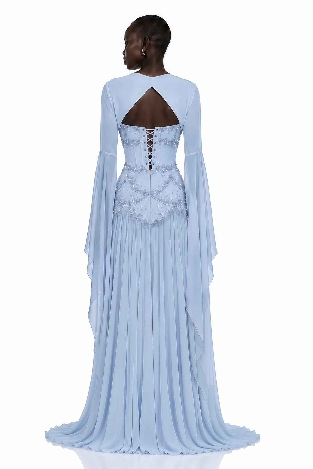 Faux-pearl-embellished Pleated Maxi Dress in Light-blue