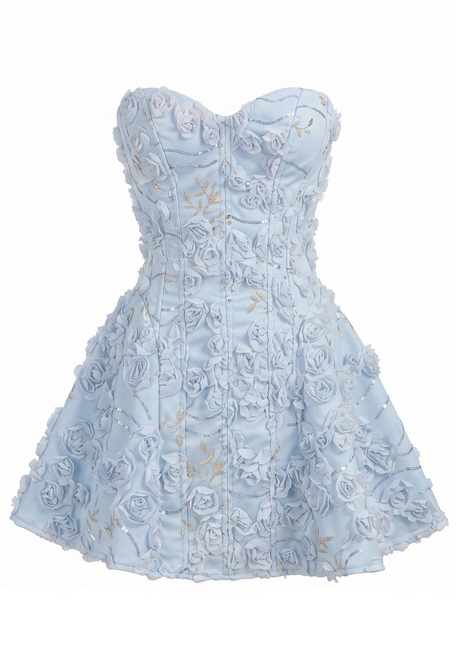Strapless Floral Corset A Line Dress Blue