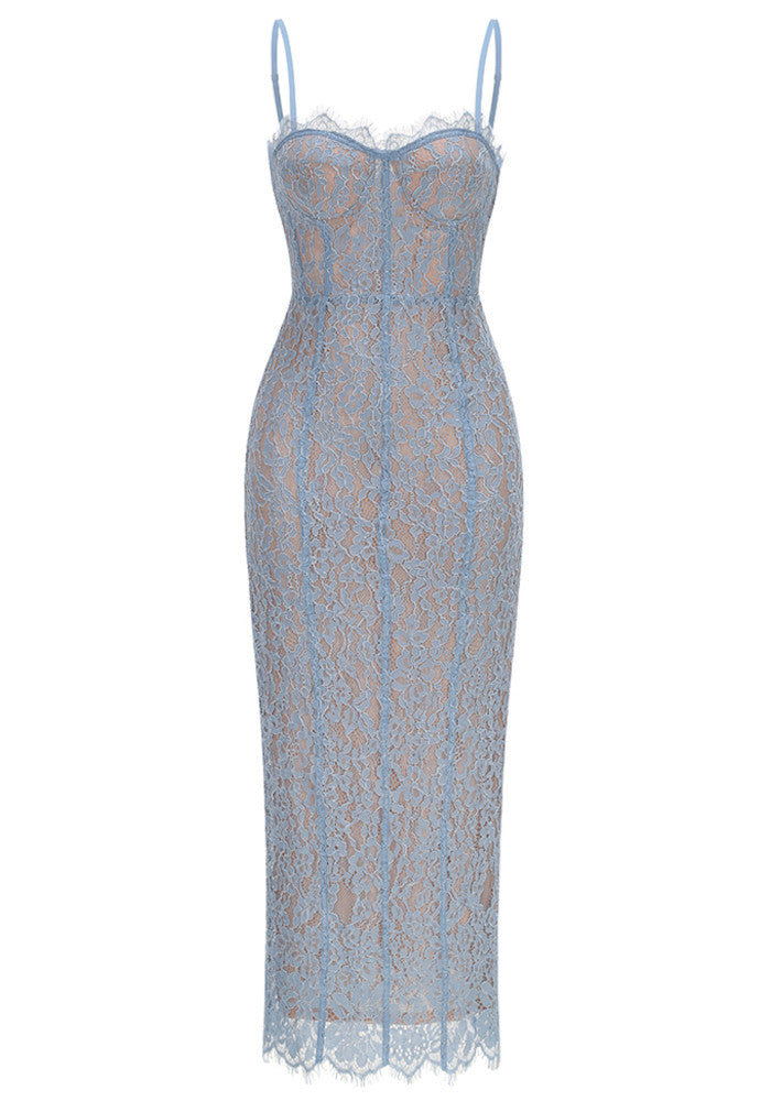 Structured Lace Midi Dress Blue