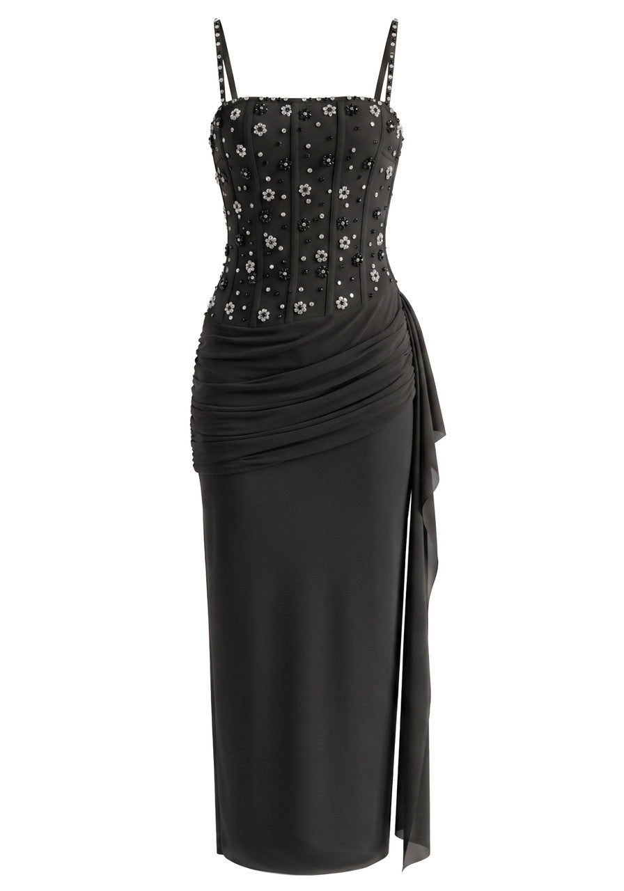 Embellished Structured Draped Maxi Dress Black