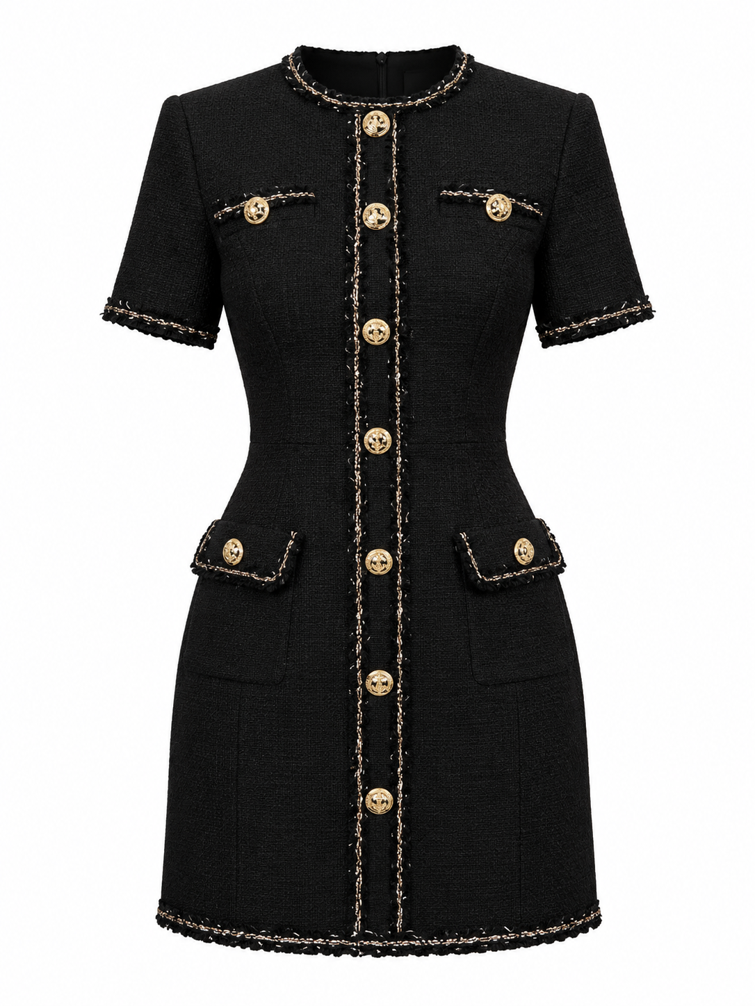 Noir Prestige Gold-Trim Mini Dress