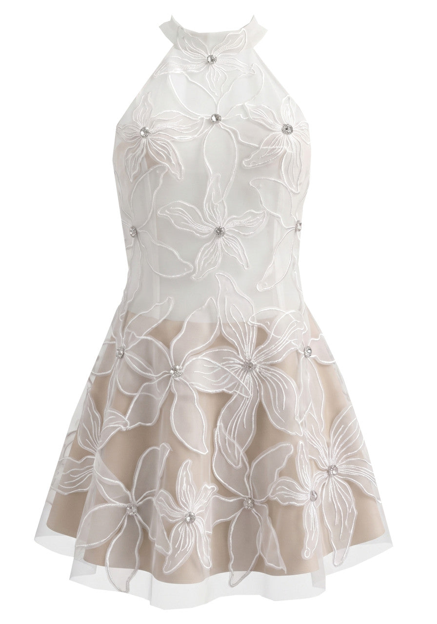 Halter Floral Embroidered A Line Dress White