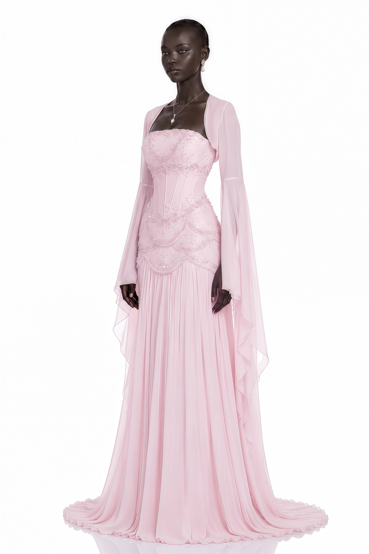 Pink Faux-pearl-embellished Pleated Maxi Dress