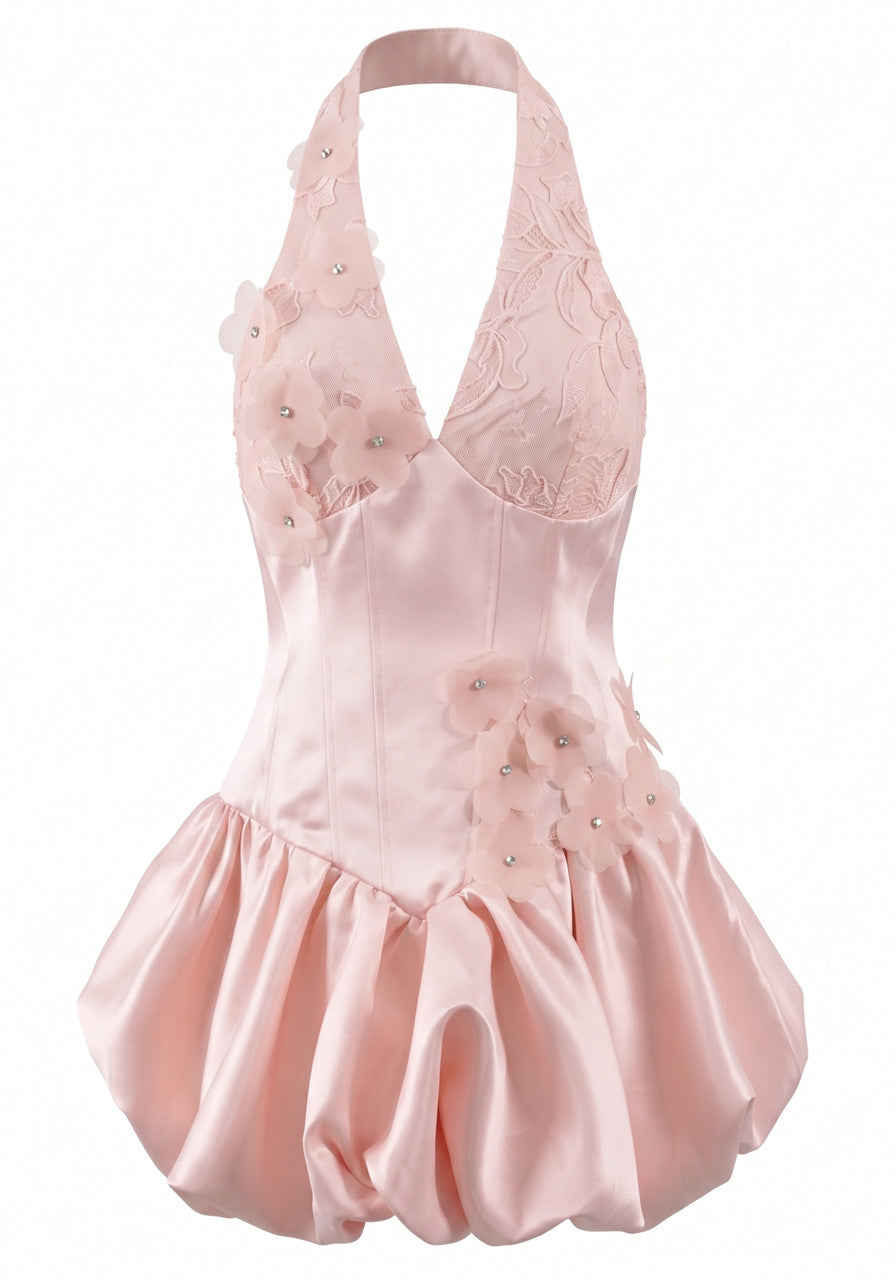 Halter Floral Bubble Dress Pink