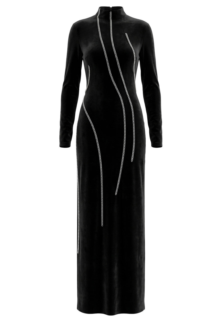 Long Sleeve Embellished Maxi Velvet Dress Black