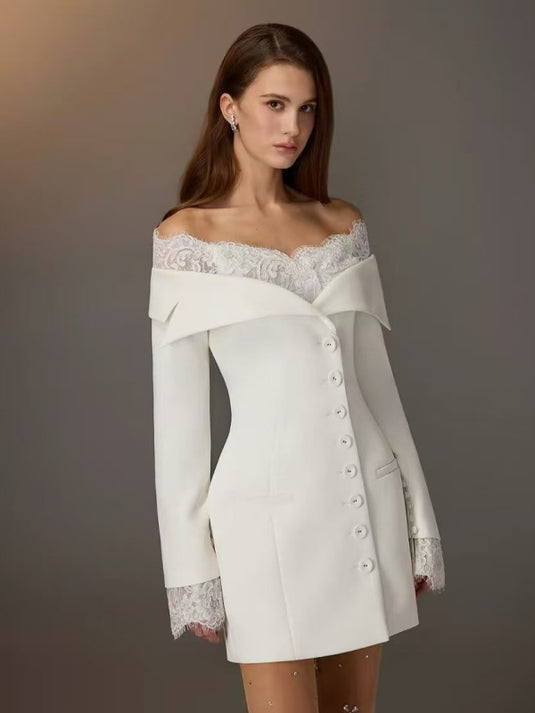 Ivory Elegance Lace Blazer Mini Dress