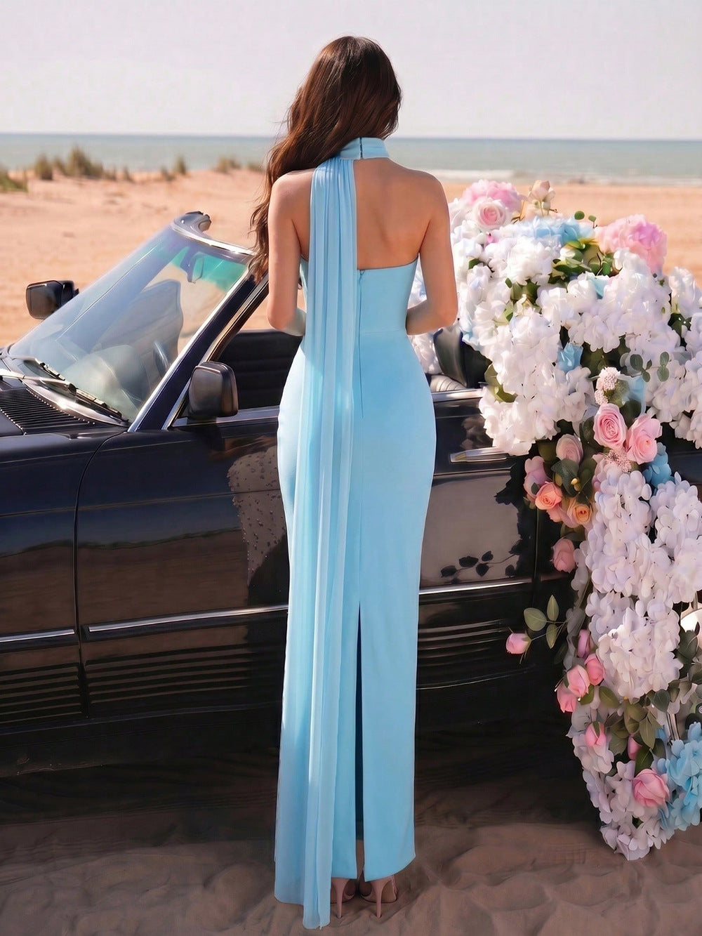 Crystal Cape Maxi Dress Blue