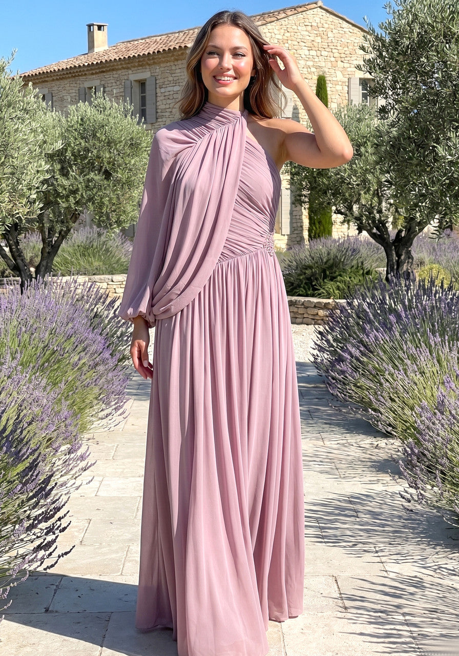One Sleeve Draped Maxi Dress Dusty Pink