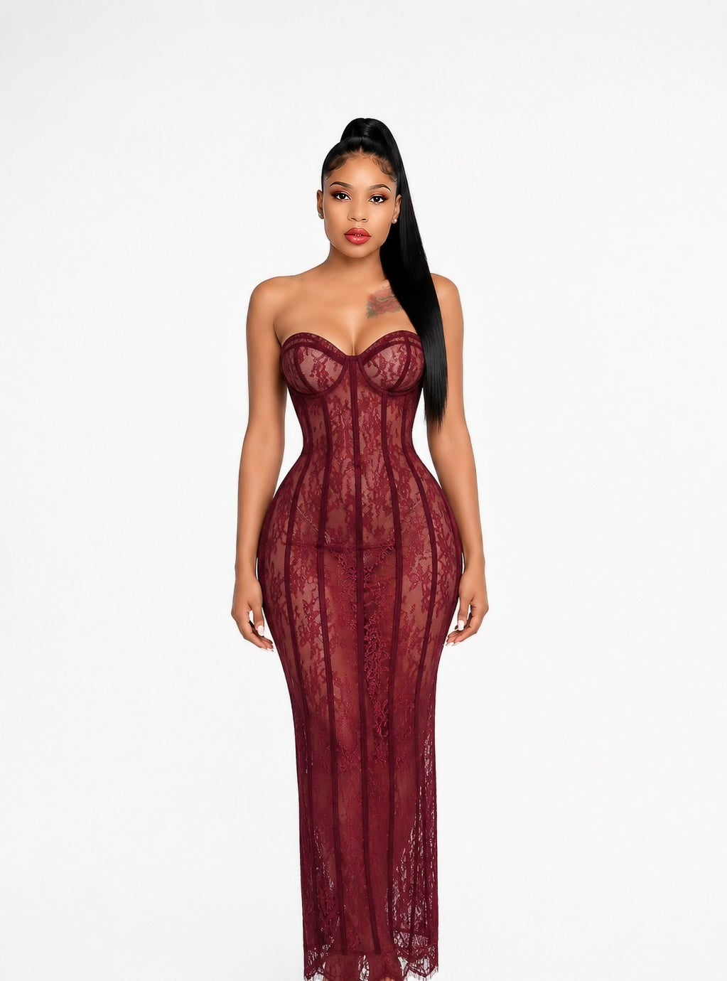 Strapless Lace Corset Maxi Dress Burgundy