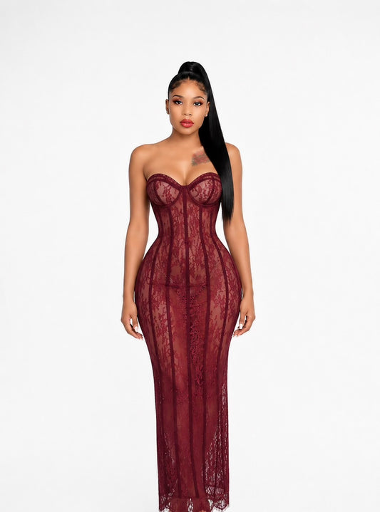 Strapless Lace Corset Maxi Dress Burgundy