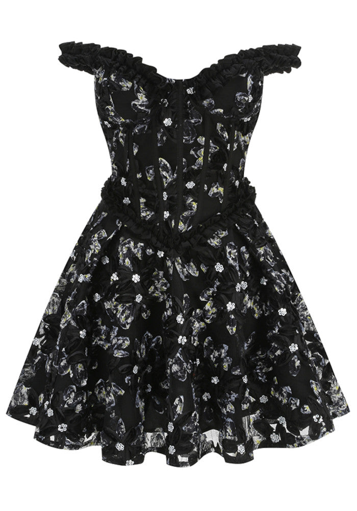 Ruffle Bardot Floral A Line Dress Black