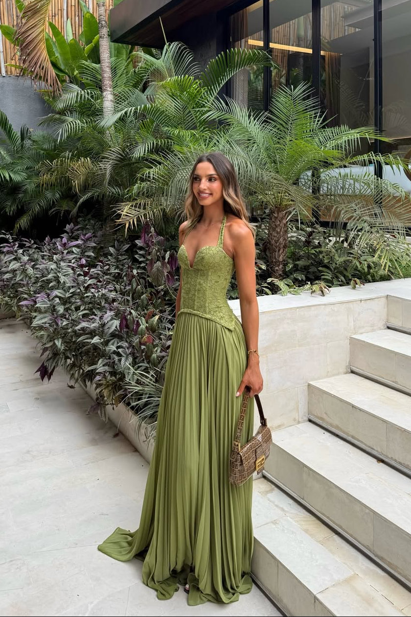 Amara Olive Lace Corset Maxi Dress