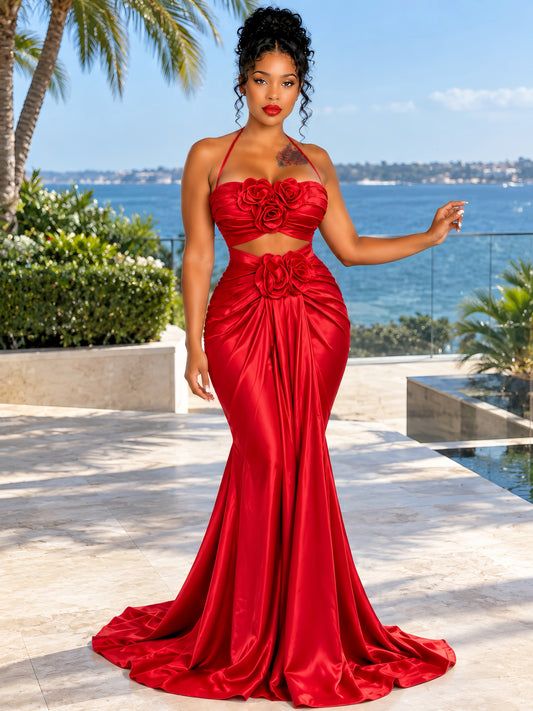 Crimson Rose Satin Skirt Set