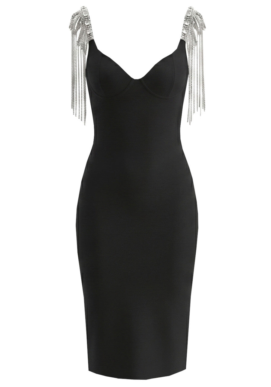 Crystal Shoulders Bustier Midi Dress Black