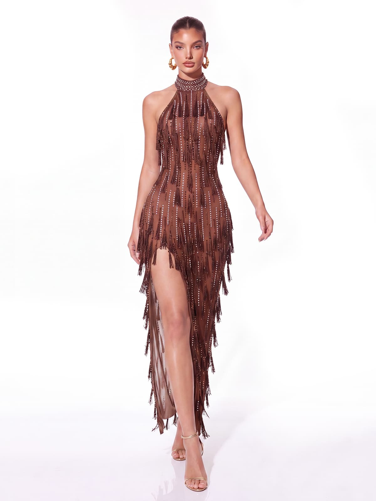 Halterneck Rhinestone Fringe Dress