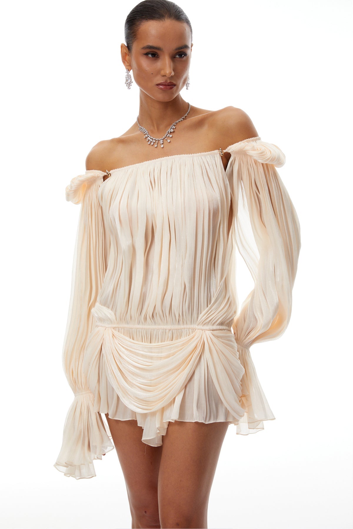 Neutrals Pleated Ruffled Mini Dress