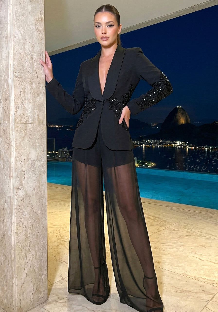 Sequin Detail Mesh Suit Black