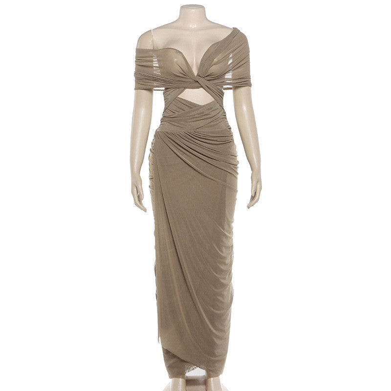 Pleated Design Tight Waist Maxi Dress Sexy See through Dress