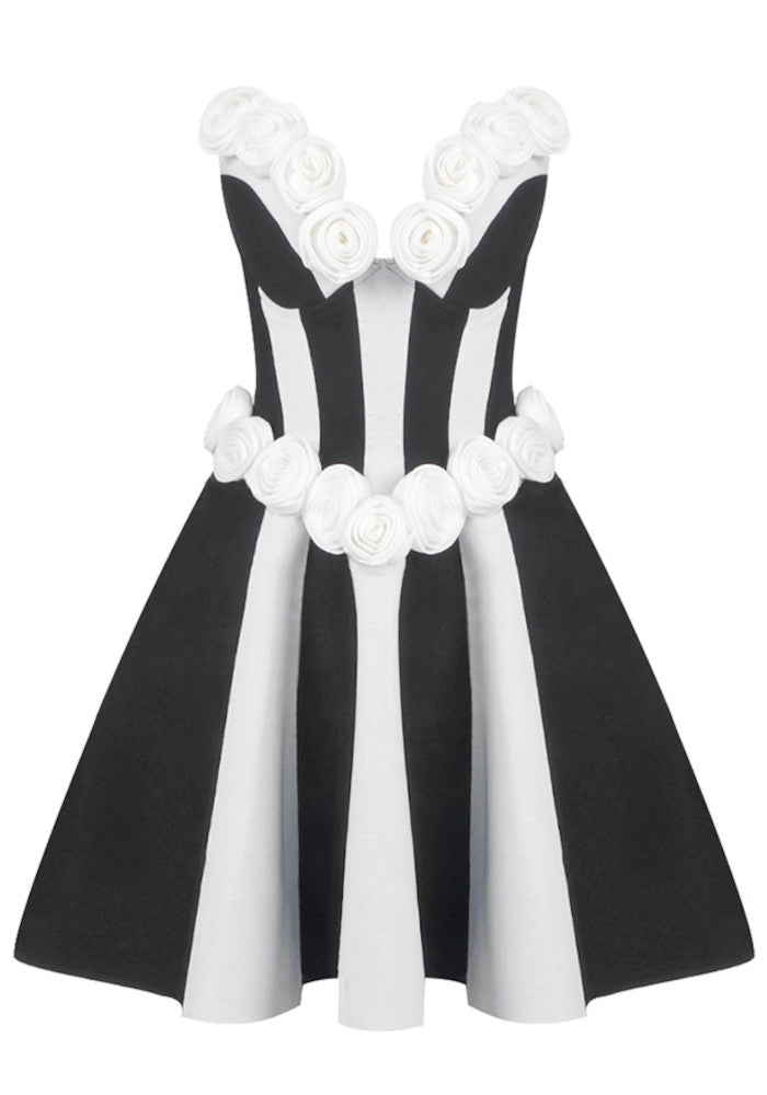 Strapless Floral A Line Dress Black White