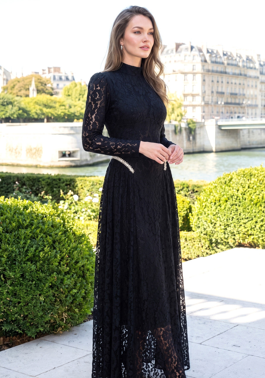 Long Sleeve Crystal Detail A Line Lace Maxi Dress Black