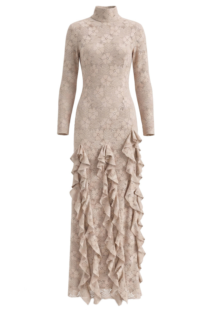 Long Sleeve Lace Ruffle Maxi Dress Nude