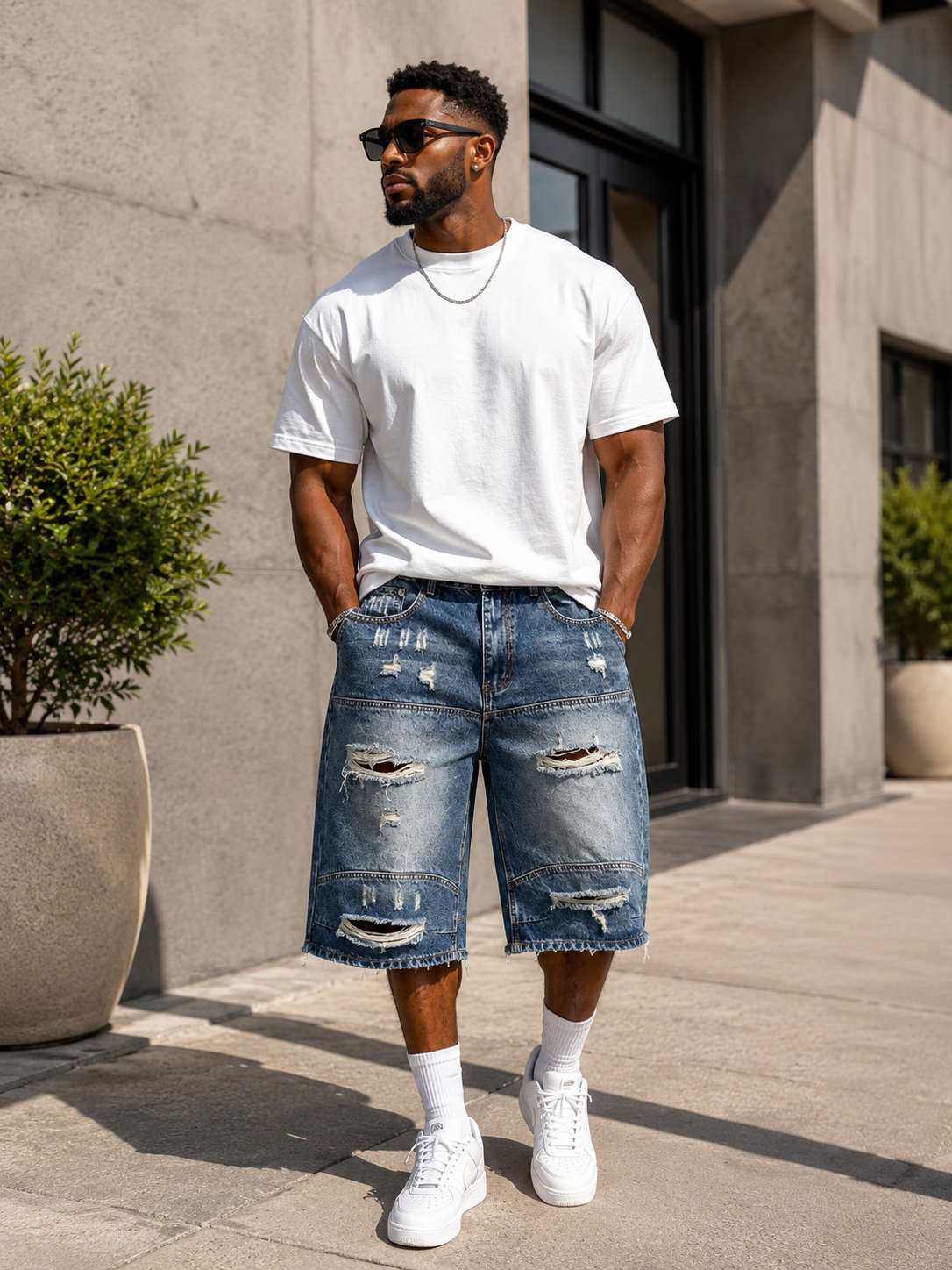 Men's Distressed Loose-Fit Denim Shorts
