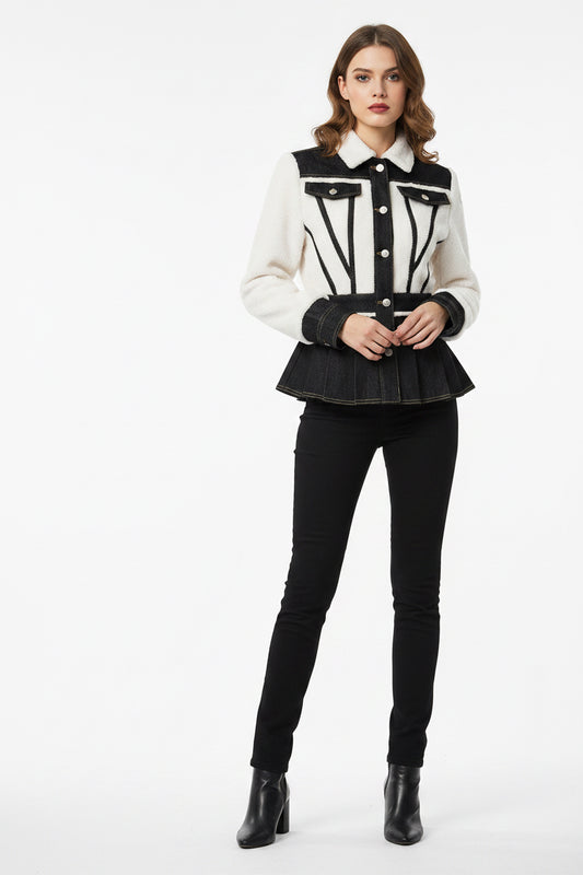 Denim Workwear With Pocket Black White Contrast Color Coat