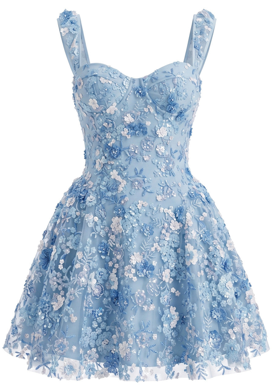 Floral Embroidered A Line Dress Blue